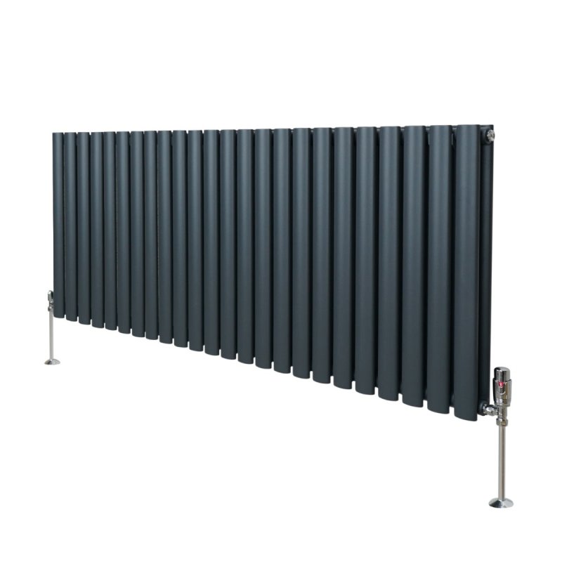 Oval Column Radiator 600mm x 1440mm & TRV Chrome Valves Designer Double Panel Central Heating Heater Anthracite Grey Steel Horizontal Kitchen Living Room FREE Cleaning Brush Fixing Kit & Brackets