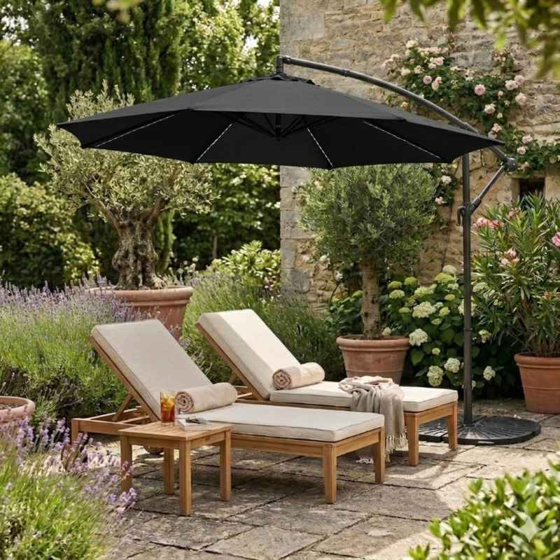 LED Cantilever Parasol 3m With Full Fan Base - Black