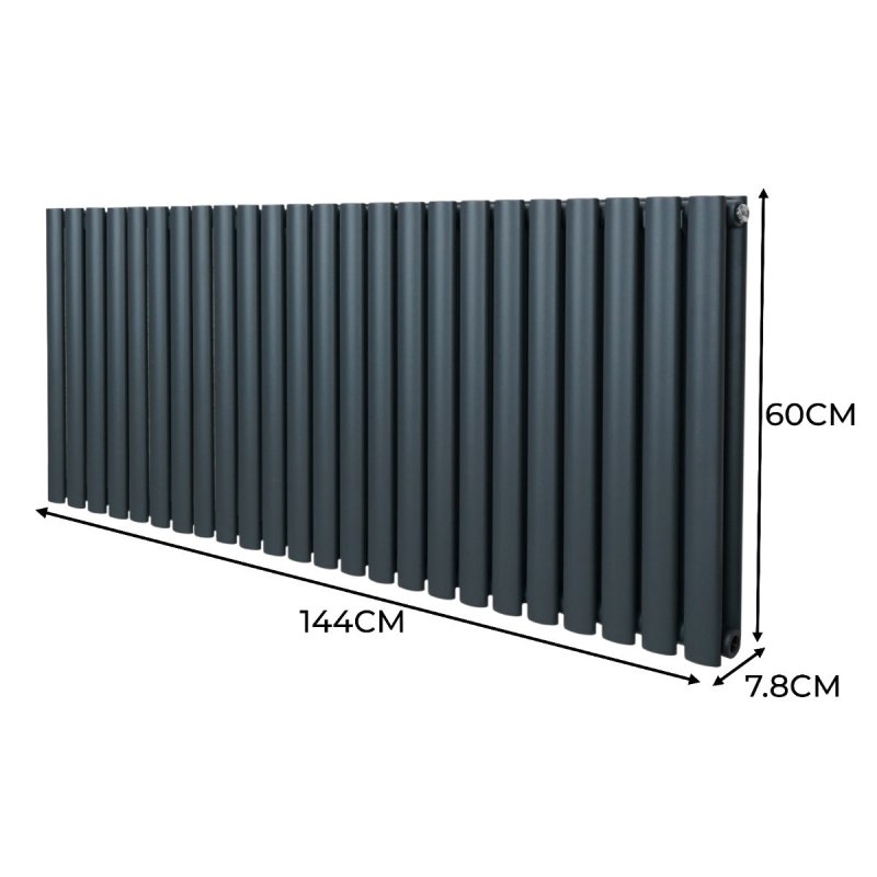 Oval Column Radiator 600mm x 1440mm & TRV Chrome Valves Designer Double Panel Central Heating Heater Anthracite Grey Steel Horizontal Kitchen Living Room FREE Cleaning Brush Fixing Kit & Brackets