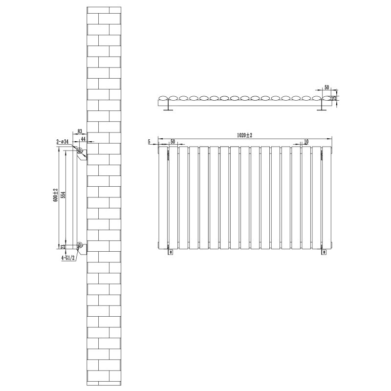 Oval Single Column Radiator - 600 x 1020mm - Black