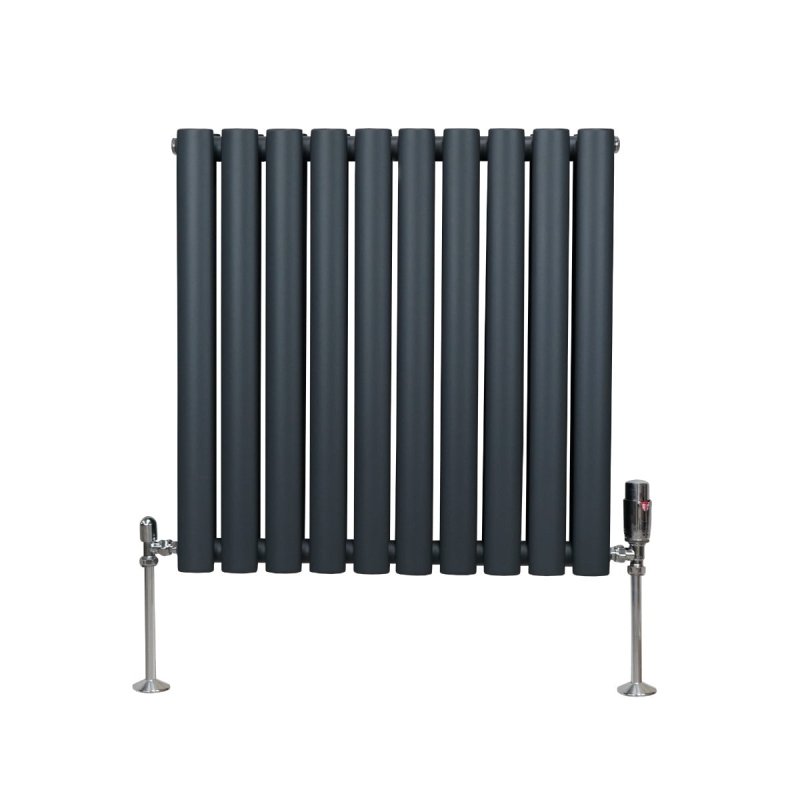 Oval Column Radiator 600mm x 600mm & TRV Chrome Valves Designer Double Panel Central Heating Heater Anthracite Grey Steel Horizontal Kitchen Living Room FREE Cleaning Brush Fixing Kit & Brackets