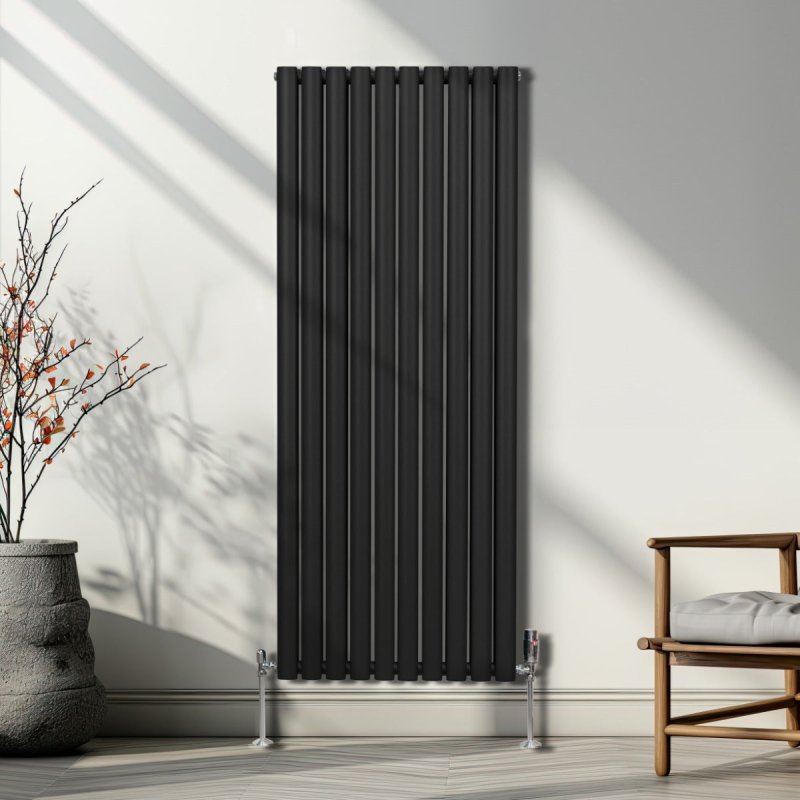 Oval Column Radiator 1600mm x 600mm Modern Designer Double Panel Central Heating Heater Matt Black Carbon Steel Vertical Kitchen Living Room Bathroom FREE Cleaning Brush Fixing Kit & Brackets
