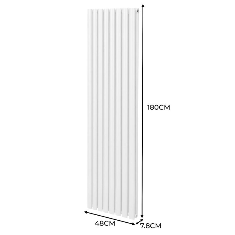 Oval Column Radiator 1800mm x 480mm Modern Designer Double Panel Central Heating Heater Gloss White Carbon Steel Vertical Kitchen Living Room Bathroom FREE Cleaning Brush Fixing Kit & Brackets