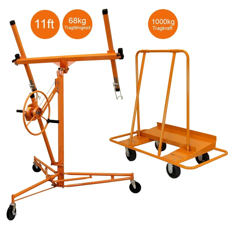 Plaster-board Hoist And Drywall Trolley Mobile Hoist Bundle Jack Tool Sheet 11ft Reach 68kg Lifting Capacity 1000kg Trolley Capacity Lockable Heavy Duty Foldable Commercial DIY T-Mech