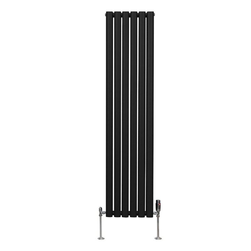 Oval Column Radiator 1600mm x 360mm & TRV Chrome Valves Modern Designer Double Panel Central Heating Heater Black Steel Vertical Kitchen Living Room FREE Cleaning Brush Fixing Kit & Brackets