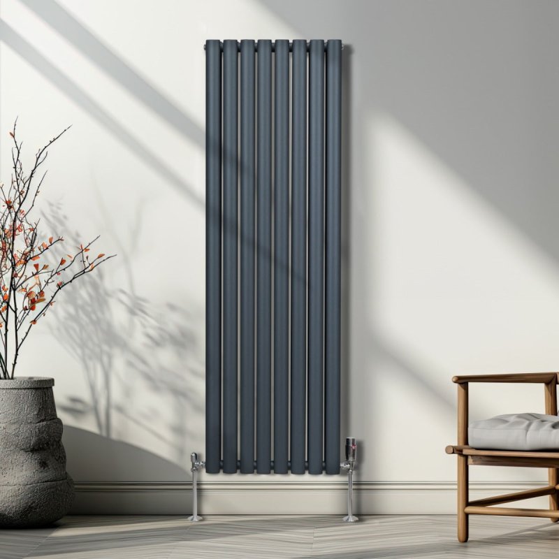 Oval Column Radiator 1600mm x 480mm & TRV Chrome Valves Modern Designer Double Panel Central Heating Heater Anthracite Grey Steel Vertical Kitchen Living Room FREE Cleaning Brush Fixing Kit & Brackets