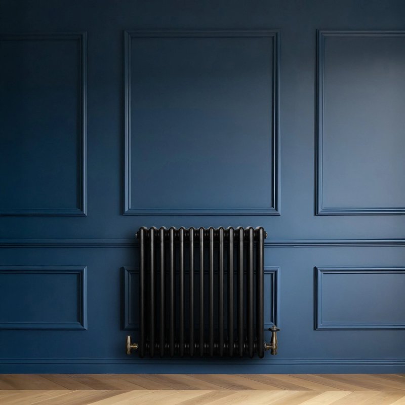 Traditional 4 Column Radiator & Valves - 600 x 605mm - Black