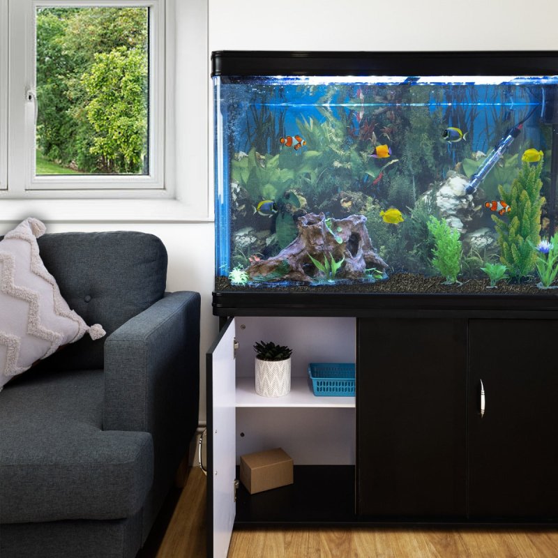 MonsterShop Fish Tank Aquarium & Starter Accessories, Black Cabinet, 4ft, 300L, Black Gravel