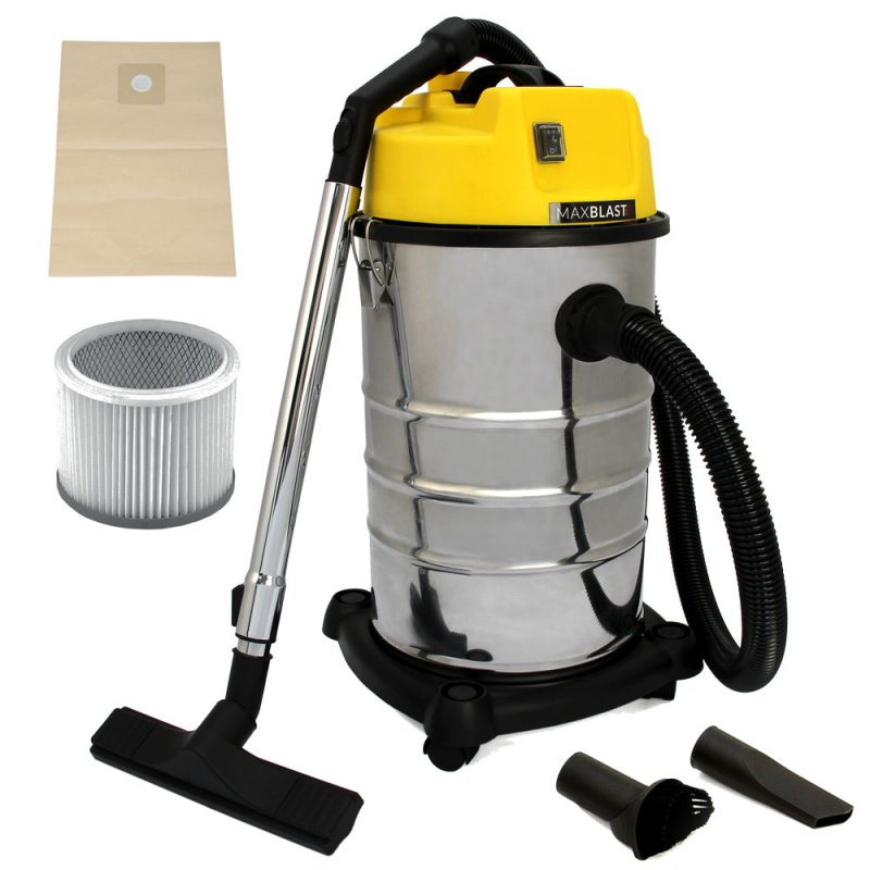 MAXBLAST Industrial Wet & Dry Vacuum Cleaner & Attachments, Powerful 1400W, 30 Litre, Stainess Steel