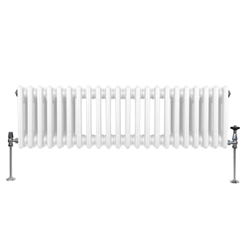 Traditional 3 Column Radiator 300mm x 1012mm Modern Central Heating Heater Gloss White Carbon Steel Horizontal Wall Mounted Kitchen Living Room Bathroom Cleaning Brush Fixing Kit & Brackets