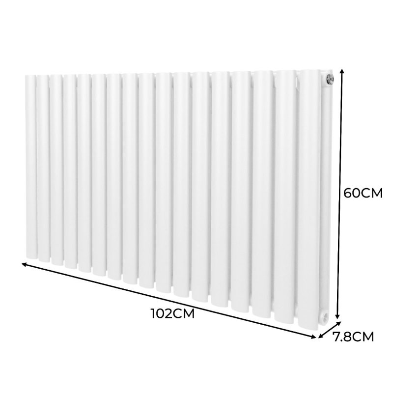 Oval Column Radiator 600mm x 1020mm & TRV Chrome Valves Modern Designer Double Panel Central Heating Heater White Steel Horizontal Kitchen Living Room FREE Cleaning Brush Fixing Kit & Brackets