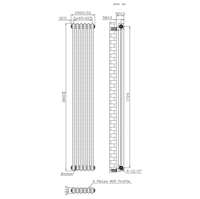 Traditional 2 Column Radiator - 1800 x 290mm - Raw Metal