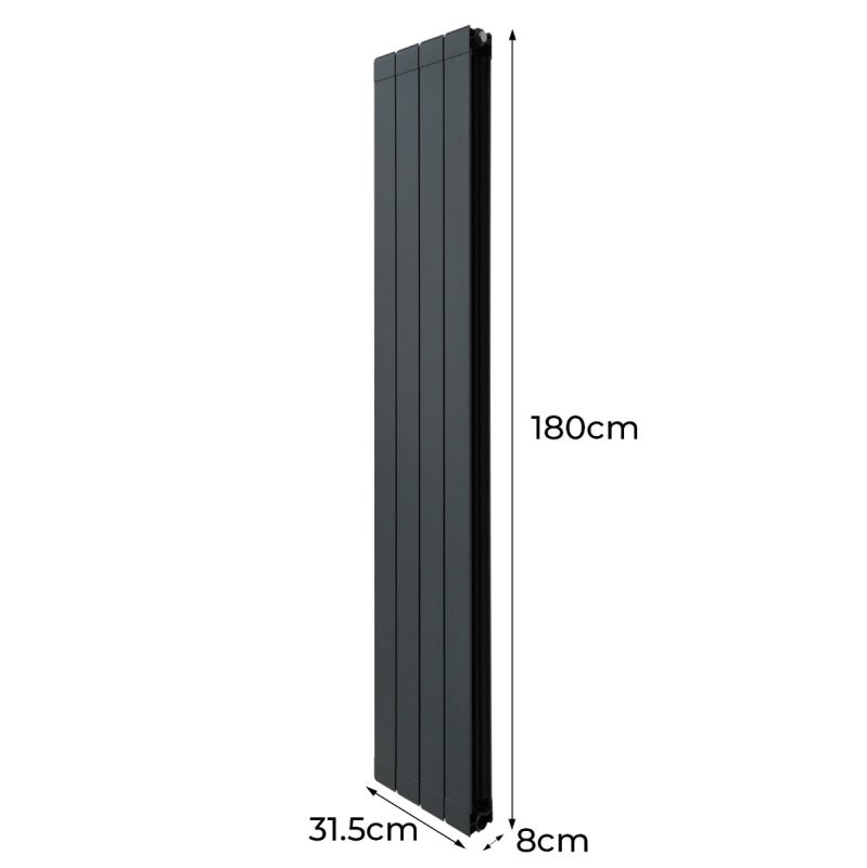 Aluminium Designer Radiator 1800mm x 315mm & TRV Chrome Valves Vertical Double Flat Panel Column Lightweight Modern Heater Matt Anthracite Grey Kitchen Living Room Cleaning Brush Fixing Kit Brackets