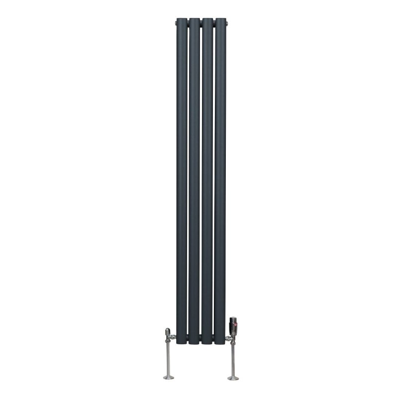 Oval Column Radiator 1600mm x 240mm & TRV Chrome Valves Modern Designer Double Panel Central Heating Heater Anthracite Grey Steel Vertical Kitchen Living Room FREE Cleaning Brush Fixing Kit & Brackets