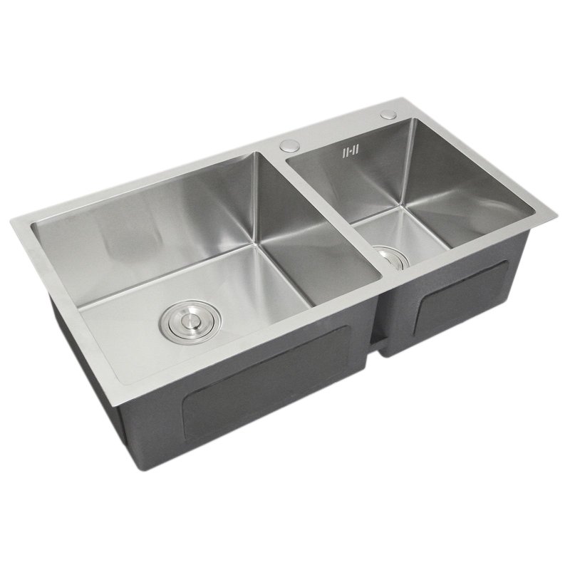 Stainless Steel Kitchen Sink Double Bowl Satin Finish Square Premium Handmade With Strainer Plug & Waste Pipe Set