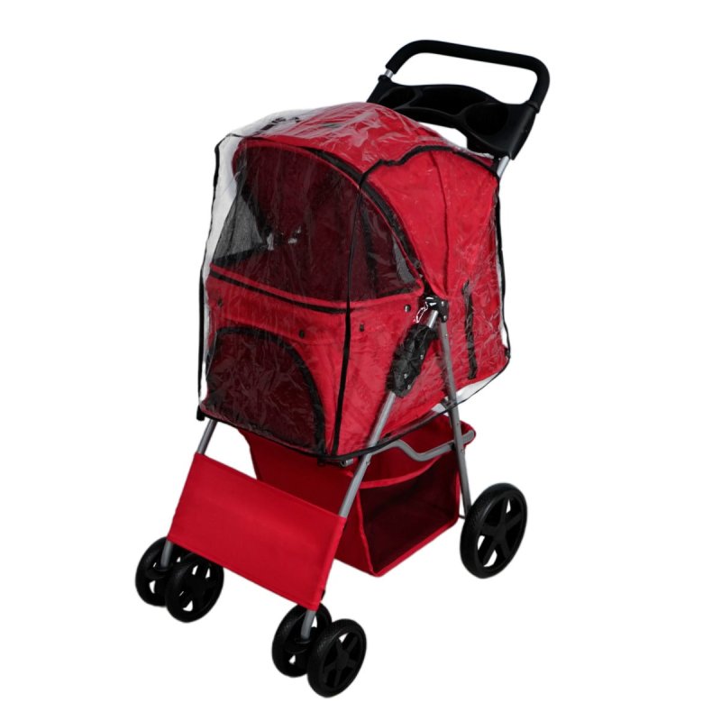 Pet Stroller Pushchair Red Carrier Foldable Trolley Travel Cart 15kg Capacity 4 Wheels Brakes Cat Dog Safety Snap Hook Leash Cushion Canopy Mesh Windows Basket Cup Holders FREE Waterproof Rain Cover