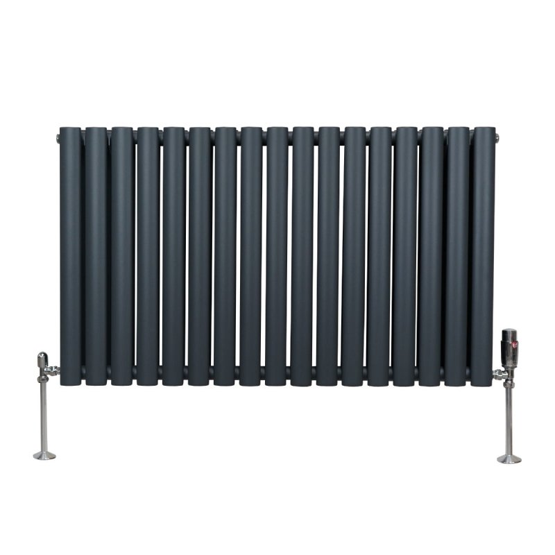 Oval Column Radiator 600mm x 1020mm & TRV Chrome Valves Designer Double Panel Central Heating Heater Anthracite Grey Steel Horizontal Kitchen Living Room FREE Cleaning Brush Fixing Kit & Brackets