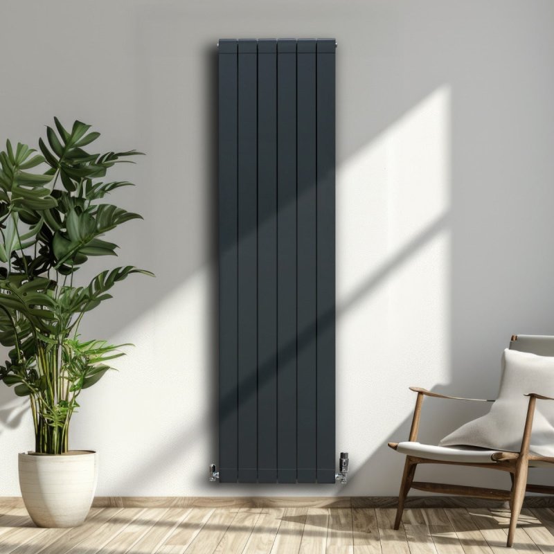 Aluminium Designer Radiator 1800mm x 475mm & TRV Chrome Valves Vertical Double Flat Panel Column Lightweight Modern Heater Matt Anthracite Grey Kitchen Living Room Cleaning Brush Fixing Kit Brackets