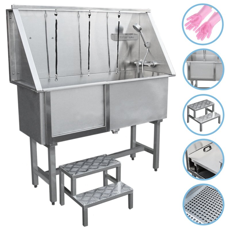 Dog Grooming Bath Stainless Steel 400mm Professional Pet Washing Station Large Groomer Bathing Tub Cleaning Metal Shower Walk In | FREE Gloves | With Faucet And Drainage Kit