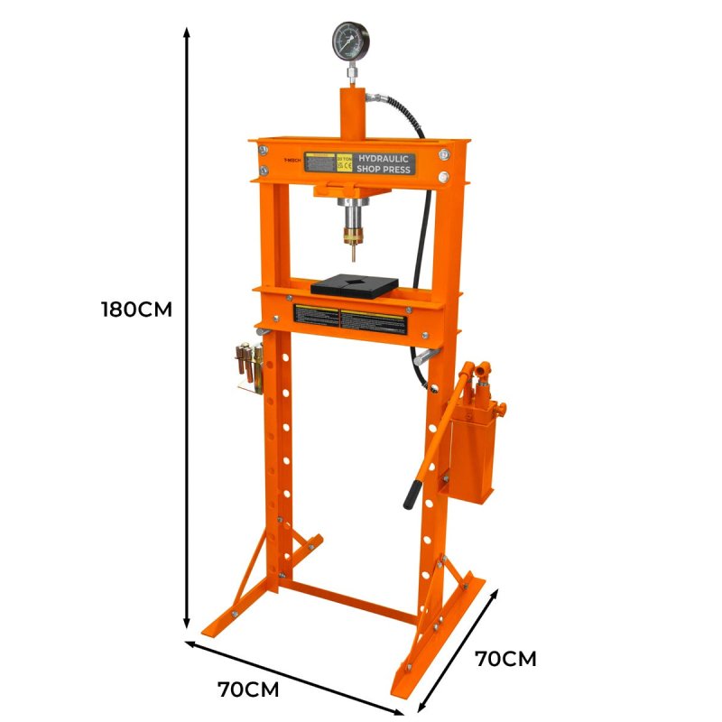 Hydraulic Shop Press 20 Ton Tonne 20,000kg Bench Mount Heavy Duty Steel Detachable Pressure Gauge Hand Pump Adjustable 0-1015mm Vertical Work Area Workshop Garage FREE Tool Set 8 Mandrels & 1 Adapter