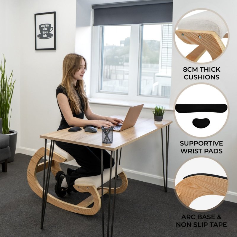 Ergonomic Kneeling Chair Wooden Oak White Linen Fabric 8cm Thick Padded Cushion Office Home Rocking Orthopaedic Posture Stool Back Knee Support 120kg Capacity FREE Keyboard and Mouse Wrist Rest Pads
