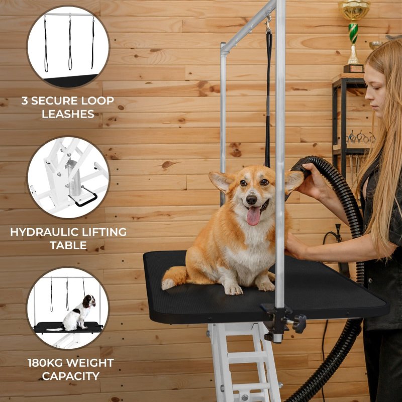 Hydraulic Pet Dog Grooming Table Lift Height Adjustable H Bar 180kg Weight Capacity Large 106cm x 61cm Black Rubber Top Professional Heavy Duty Steel White Frame 4 Adaptable Stable Feet 3 Loop Leashes