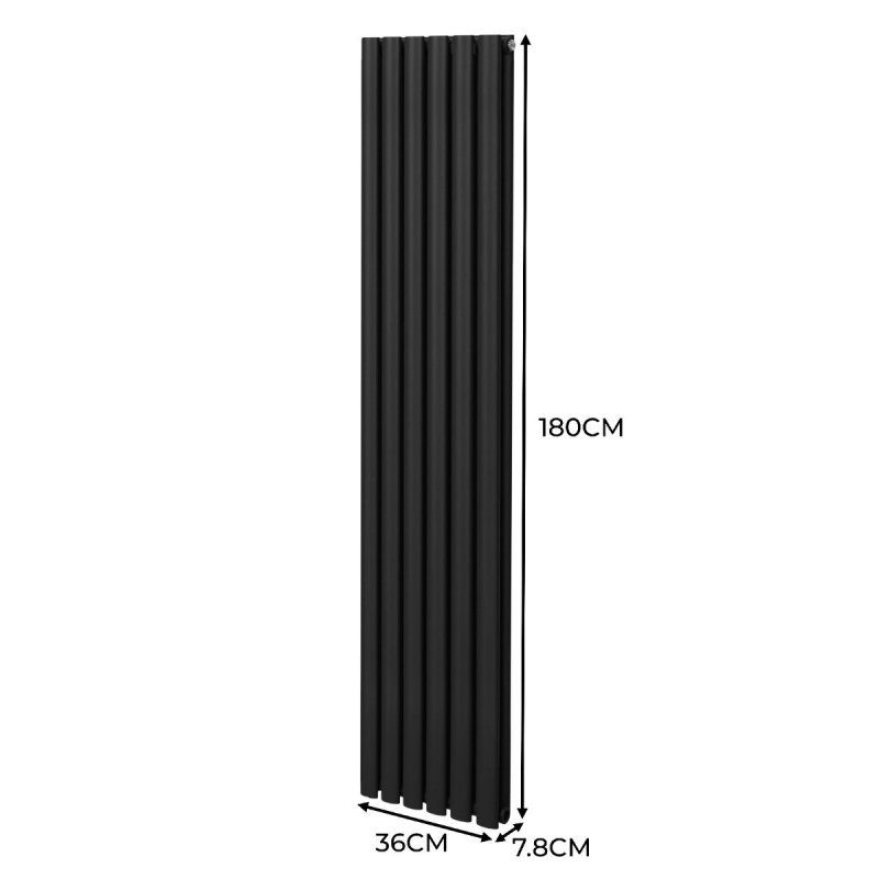 Oval Column Radiator 1800mm x 360mm Modern Designer Double Panel Central Heating Heater Matt Black Carbon Steel Vertical Kitchen Living Room Bathroom FREE Cleaning Brush Fixing Kit & Brackets