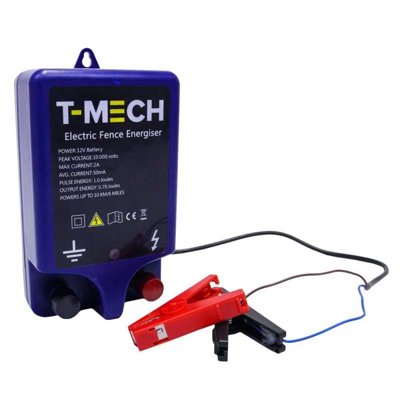 T-Mech Electric 12V Fence Energiser Water Resistant 1.0J 10KM Battery Powered Fencer
