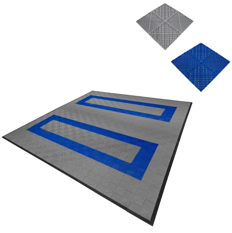 Vented Modular Interlocking Flooring Tiles & Edges 165 Grey & 60 Blue Double Garage Heavy Duty Floor Mat Showroom Workshop Outdoor Polypropylene Anti Slip Weather Resistant Drainage 6m x 6m 36m2