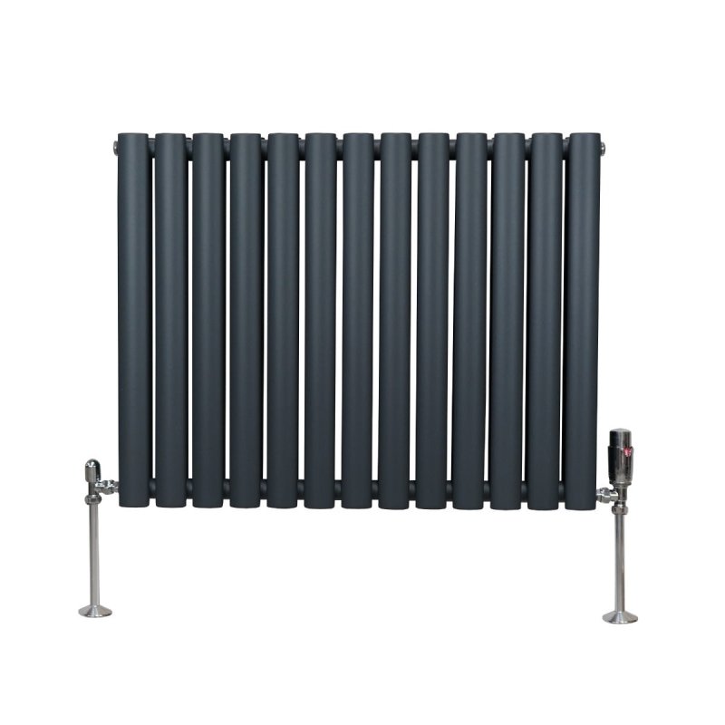 Oval Column Radiator 600mm x 780mm & TRV Chrome Valves Designer Double Panel Central Heating Heater Anthracite Grey Steel Horizontal Kitchen Living Room FREE Cleaning Brush Fixing Kit & Brackets