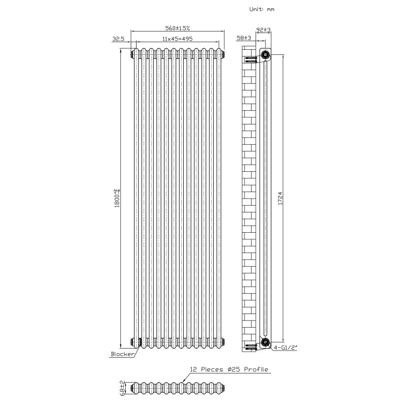 Traditional 2 Column Radiator - 1800 x 560mm - Raw Metal