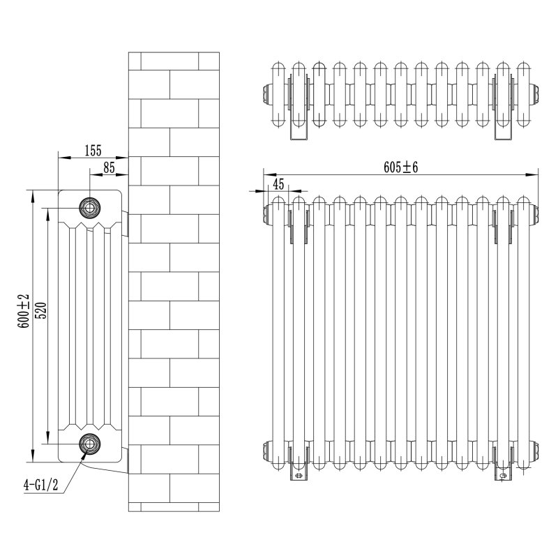 Traditional 4 Column Radiator & Valves - 600 x 605mm - Black