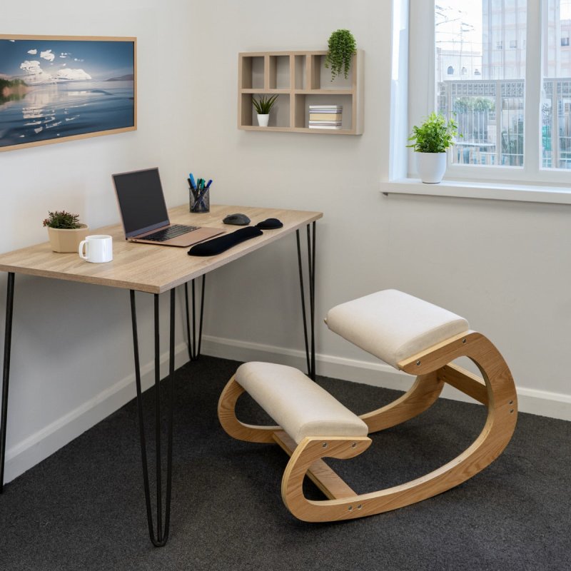 Ergonomic Kneeling Chair Wooden Oak White Linen Fabric 8cm Thick Padded Cushion Office Home Rocking Orthopaedic Posture Stool Back Knee Support 120kg Capacity FREE Keyboard and Mouse Wrist Rest Pads