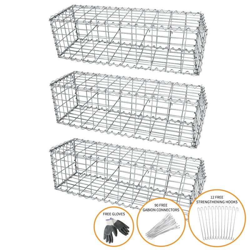 Gabion Baskets Galvanised Steel Cages Mesh Wire Stone Basket Outdoor Spiral Retaining Wall Planter Garden / 100 x 30 x 30cm / 3 Pack