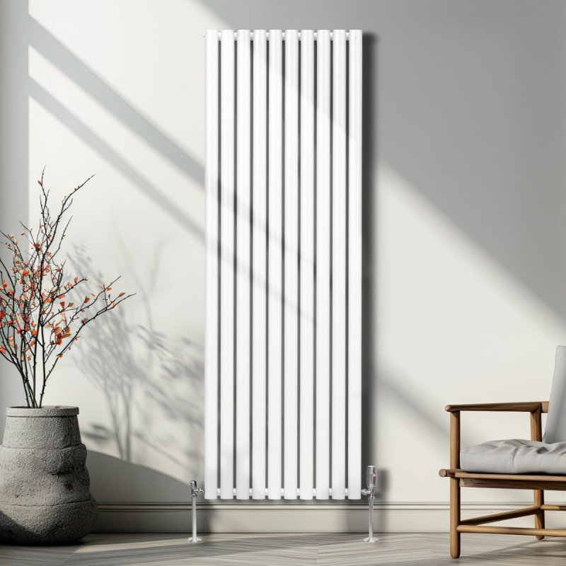 Oval Column Radiator 1800mm x 600mm Modern Designer Double Panel Central Heating Heater Gloss White Carbon Steel Vertical Kitchen Living Room Bathroom FREE Cleaning Brush Fixing Kit & Brackets