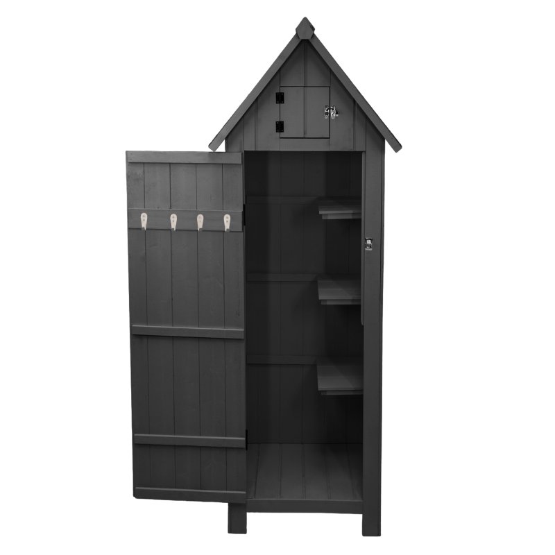 Wooden Garden Storage Shed Grey Tool Organiser Cabinet Beach Hut Sentry Box Lockable Doors 3 Corner Shelves 4 Door Hooks Roof Hatch Padlock 4 Keys Ground Fixing Kit Screw Covers Fir Wood Asphalt Roof