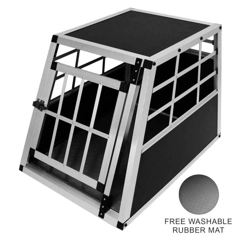 Pet Car Transport Crate Cage Aluminium Travel Box Trapezoidal Dog Cat Puppy Carrier Estate Vehicle 1 Door 50 x 54 x 69cm | FREE Plastic Washable Mat