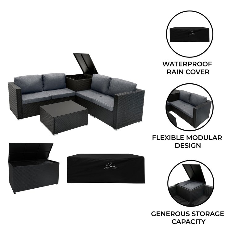 Rattan Modular 6 Piece Furniture Set & 700L Storage Box – Black