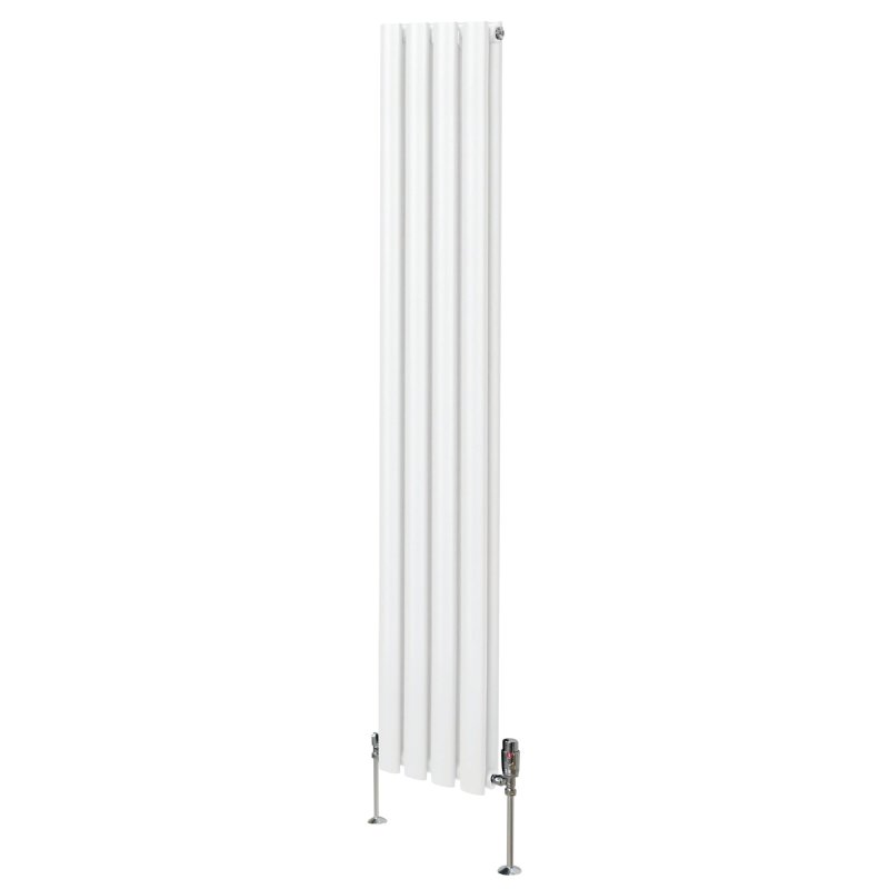 Oval Column Radiator 1600mm x 240mm & TRV Chrome Valves Modern Designer Double Panel Central Heating Heater White Steel Vertical Kitchen Living Room FREE Cleaning Brush Fixing Kit & Brackets