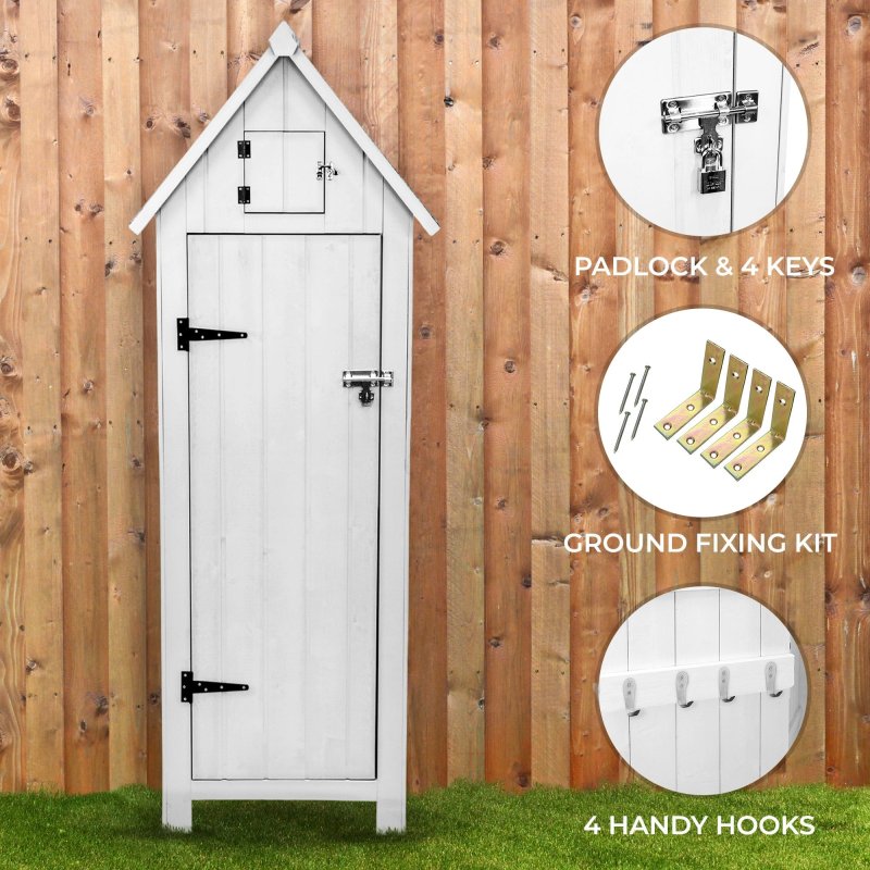Wooden Garden Storage Shed White Tool Organiser Cabinet Beach Hut Sentry Box Lockable Doors 3 Corner Shelves 4 Door Hooks Roof Hatch Padlock 4 Keys Ground Fixing Kit Screw Covers Fir Wood Asphalt Roof