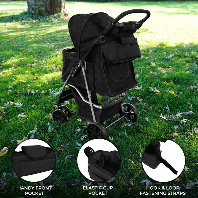 Pet Stroller Caddy Organiser Black Pushchair Pram Travel Accessory Bag Detachable Hook & Loop Straps Elastic Cup Pouch Front Pocket Large Capacity Multifunctional Waterproof Oxford Fabric