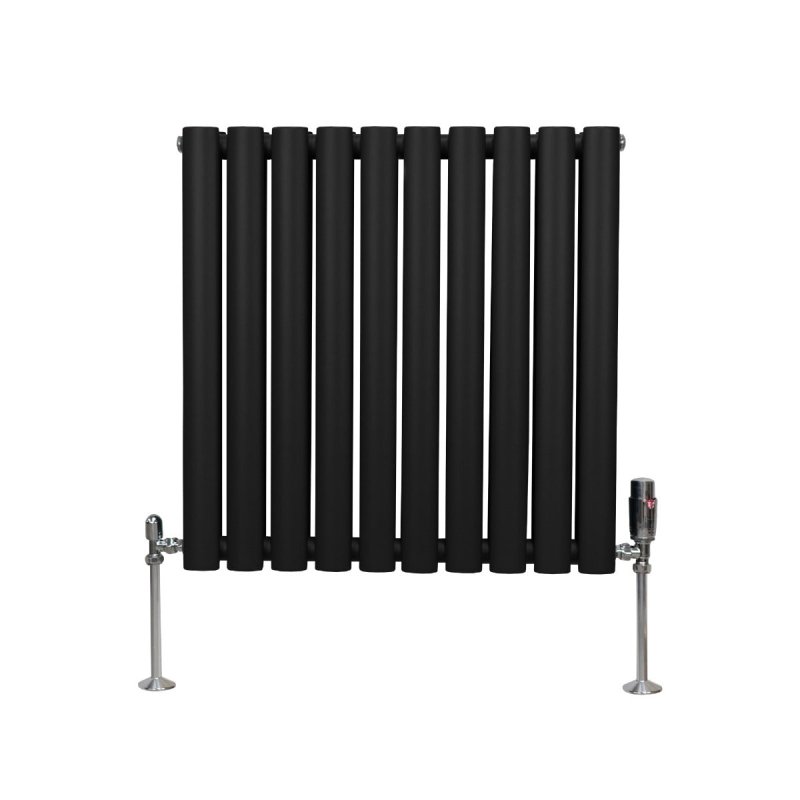 Oval Column Radiator 600mm x 600mm & TRV Chrome Valves Modern Designer Double Panel Central Heating Heater Black Steel Horizontal Kitchen Living Room FREE Cleaning Brush Fixing Kit & Brackets