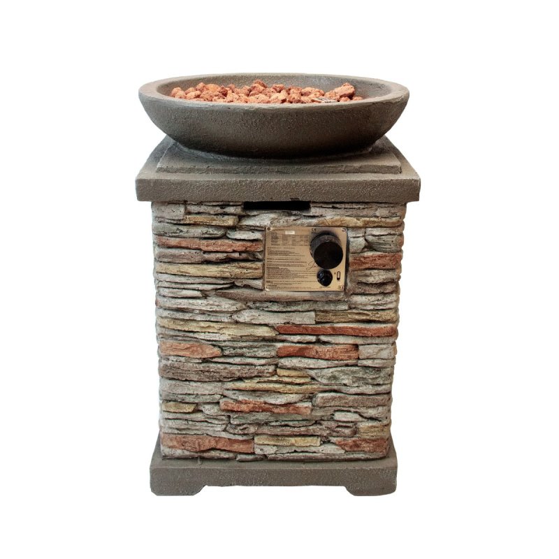 Gas Fire Pit Stone Home Outdoor Garden Patio Heater Burner Adjustable Flame Magnesium Oxide Furniture Smokeless Square Bowl Integrated Ignition Propane Lava Rocks Gas Regulator Hose Waterproof Cover