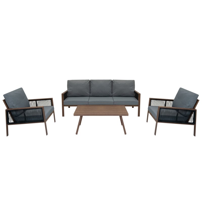 Aluminium 4 Piece Sofa Set with Black Rattan Storage Box - Wood Effect