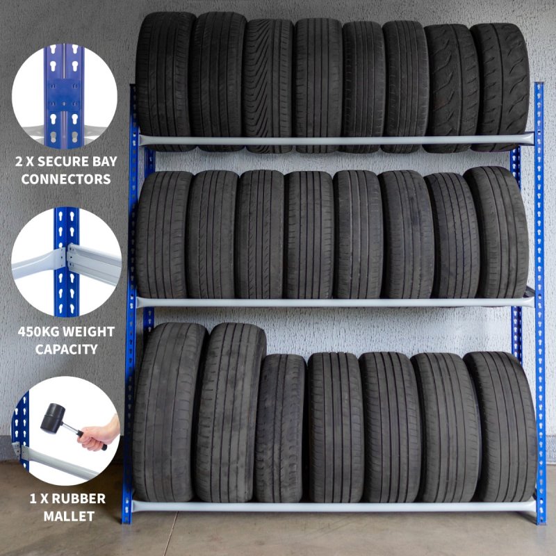 Tyre Racking Unit Wheel Storage Boltless Steel Shelving Bay Blue Garage Mechanic Workshop Heavy Duty 450kg Capacity Rack 3 Tier 24 Tyres 185cm x 185cm x 40cm FREE Rubber Mallet 2 x FREE Bay Connectors