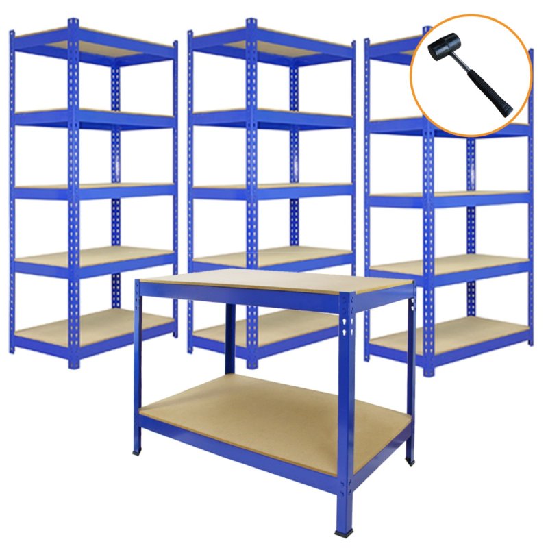 Blue Racking Bay Unit 5 Tier 3 x 120cm & 2 x 90cm Heavy Duty Steel Metal 200kg capacity Per Shelf Garage Shelves Storage Warehouse Shed Workshop Boltless Shelving 50cm Depth 180cm Height Rubber Mallet