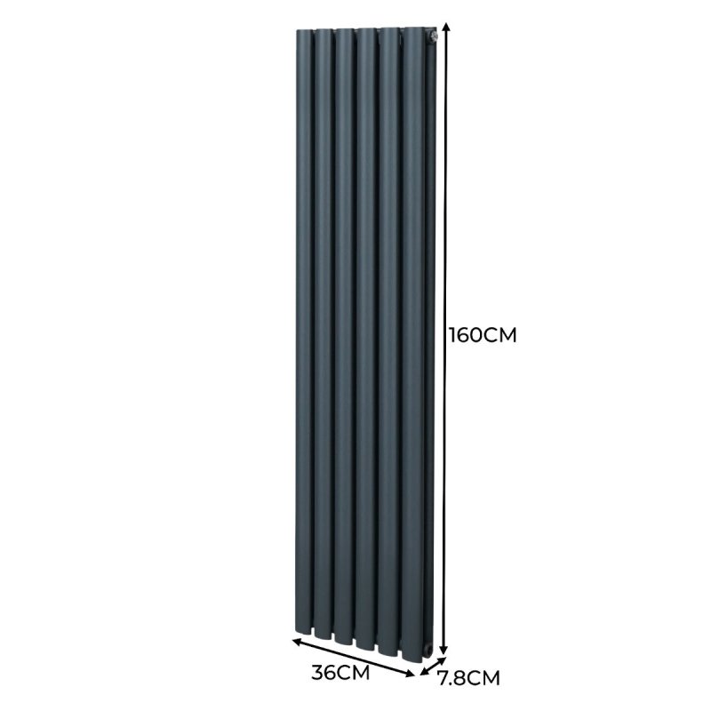 Oval Column Radiator 1600mm x 360mm & TRV Chrome Valves Modern Designer Double Panel Central Heating Heater Anthracite Grey Steel Vertical Kitchen Living Room FREE Cleaning Brush Fixing Kit & Brackets