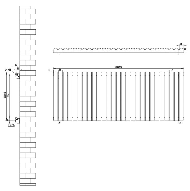 Oval Single Column Radiator & Valves - 600mm x 1620mm - White