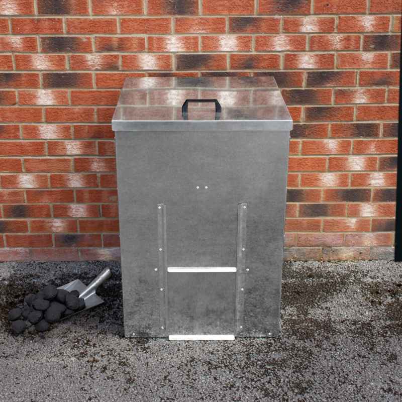 Coal Storage Bunker 150kg 300L Galvanised Steel Raised Metal Base Strengthening Bar Baffle Plate Waterproof Rust & Rodent Proof Wood Fire Sliding Door Hinged Lid Handle FREE Coal Shovel