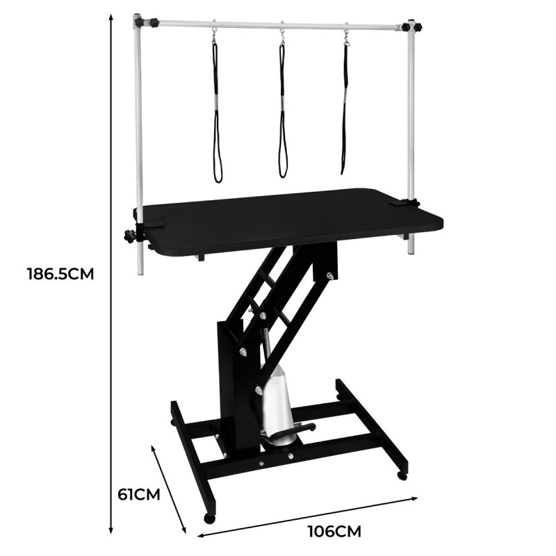 Hydraulic Pet Dog Grooming Table Lift Height Adjustable H Bar 180kg Weight Capacity Large 106cm x 61cm Black Rubber Top Professional Heavy Duty Steel Black Frame 4 Adaptable Stable Feet 3 Loop Leashes